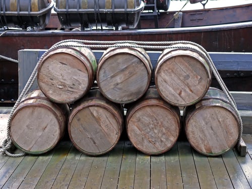 portrait of old ancient stock oak barrels