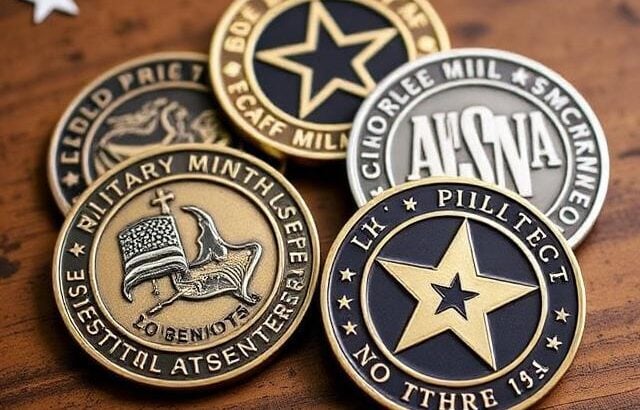 Set of commemorative military-style challenge coins with star emblems displayed on a wooden surface.
